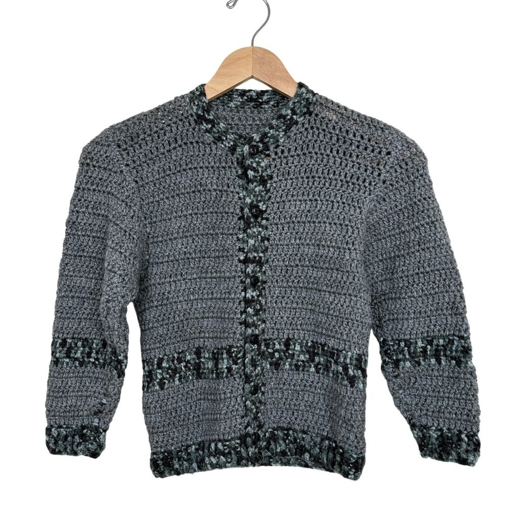 Handmade Crochet Cardigan Swater Gray Button Front Womens Cottagecore Winter